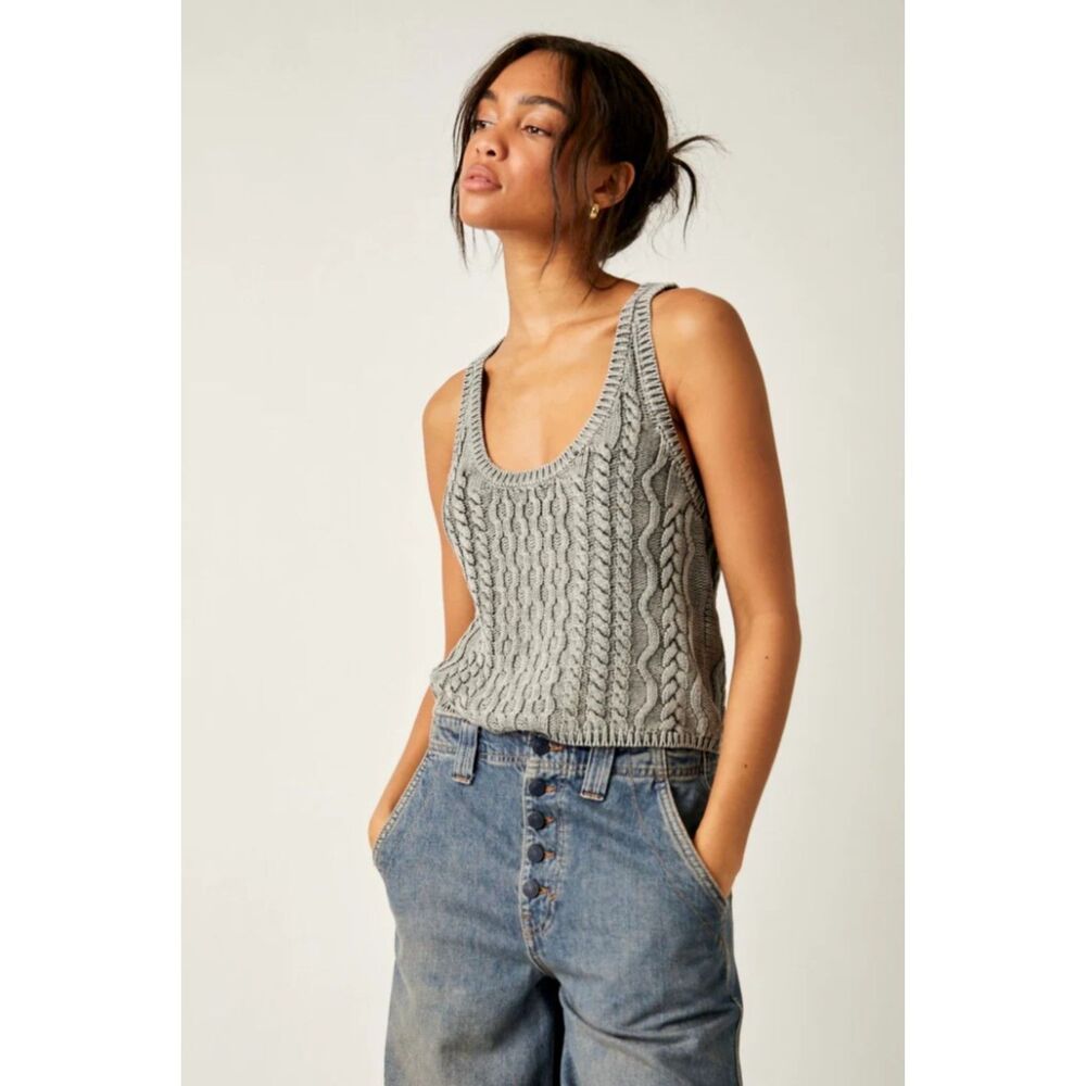Free People High Tide Cable Sweater Tank Vest Gray 100% Cotton Coastal Women XS